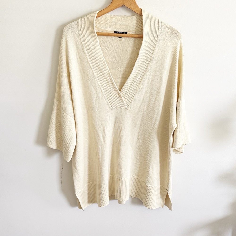 LAFAYETTE 148 cream COTTON-SILK V-NECK BLOUSON SLEEVE SWEATER size large